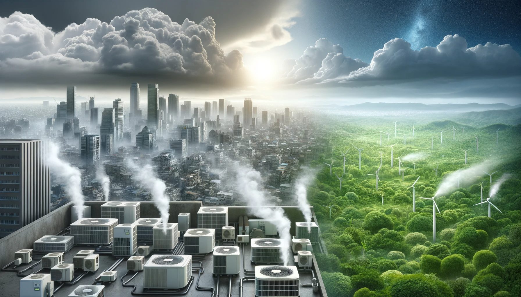 DALL·E 2023-12-04 16.18.02 – A photorealistic landscape image depicting the environmental impact of air conditioning. The foreground shows a cityscape with numerous buildings equi